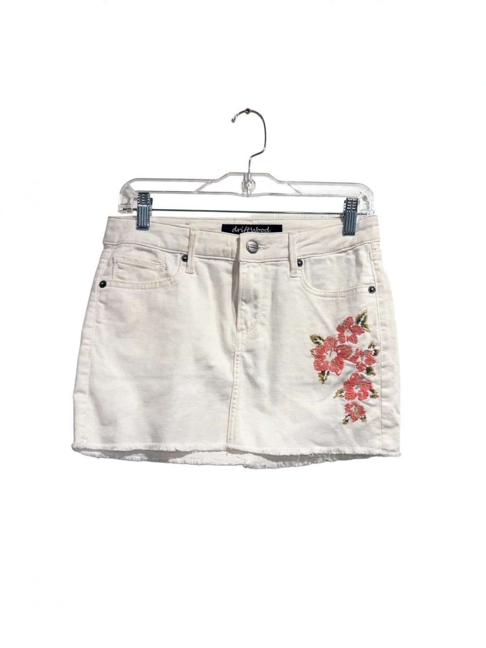DRIFTWOOD White Denim Mini Skirt with Pink Floral Embroidery